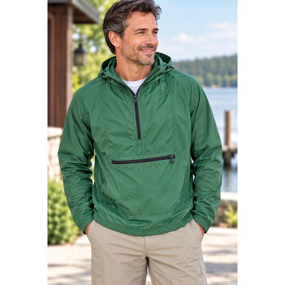 L.L.Bean Men M Green Lightweight Hooded Anorak Windbreaker Pullover Jacket Retro